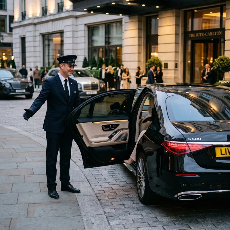 Professional Uniformed Chauffeur opening luxury black sedan door